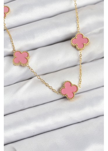 Erb 316L Çelik Zincir Gold Pembe Renk Yonca Kadın Kolye
