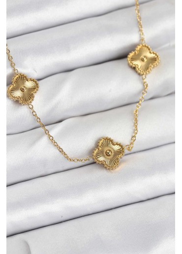 Erb 316L Çelik Zincir Gold Renk Yonca Kadın Kolye