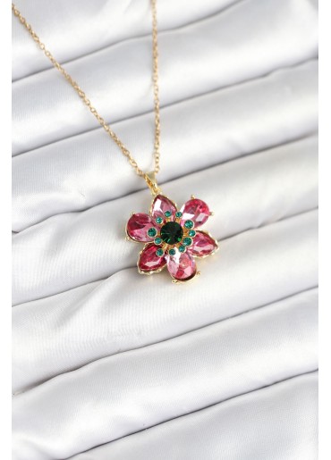Erb 316L Çelik Zincirli Pembe Çiçek Model Kadın Kolye