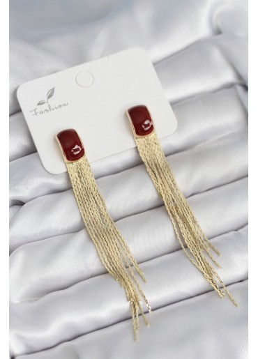 Erb Sallantılı Bordo Mineli Gold Renk Kadın Küpe