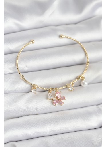 Erb Pembe Kelebek Charmlı Gold Renk Kadın Bileklik