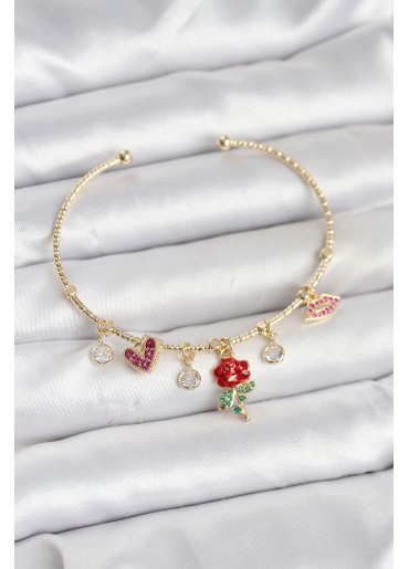 Erb Gül Charmlı Gold Renk Pirinç Kadın Bileklik