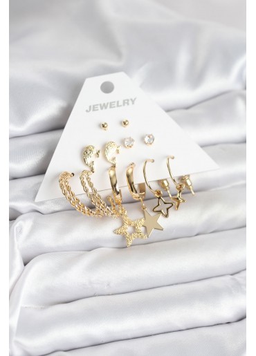 Erb Gold Renk Yıldızlı Set 6 Çift Kadın Küpe Seti