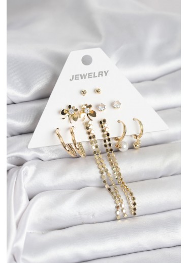 Erb Gold Renk Pirinç 6\'lı Kadın Küpe Seti