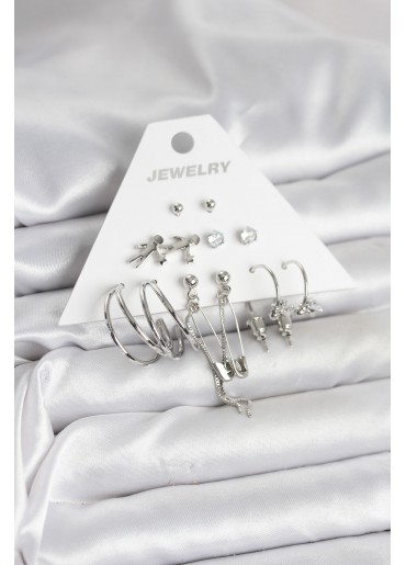 Erb Pirinç Gümüş Renk 6\'lı Kadın Küpe Seti