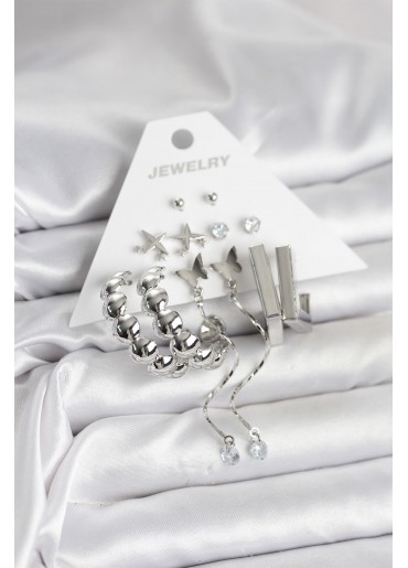 Erb Gümüş Renk Pirinç 6\'lı Kadın Küpe Seti