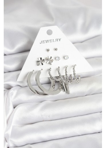 Erb Pirinç Gümüş Renk 6 Çift Kadın Küpe Seti