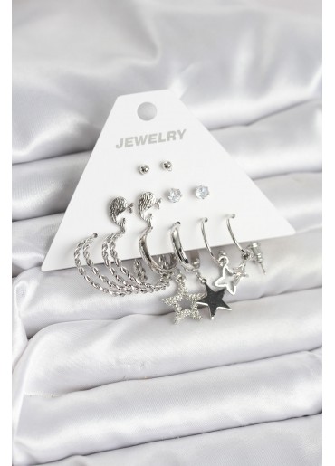 Erb Pirinç Gümüş Renk 6\'lı Kadın Küpe Seti