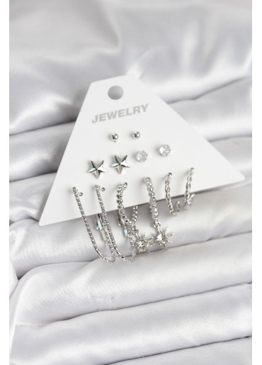 Erb Pirinç Gümüş Renk Küpe Seti 6\'lı