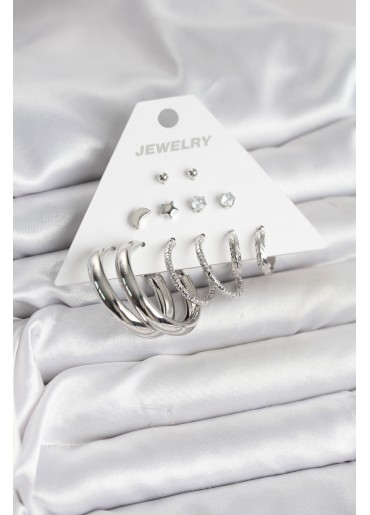 Erb Pirinç Gümüş Renk Halka Modelli 6 Çift Kadın Küpe