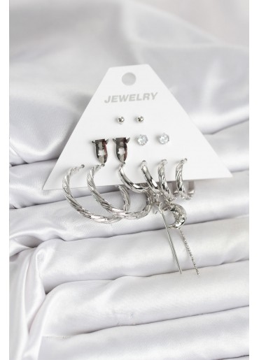 Erb Gümüş Renk Pirinç 6\'lı Kadın Küpe Seti