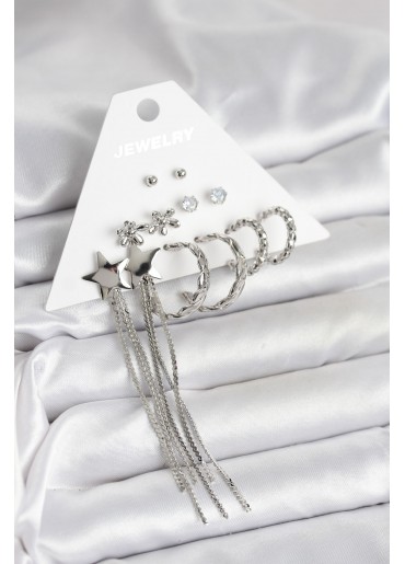 Erb Gümüş Renk Pirinç 6 Çift Kadın Küpe Seti