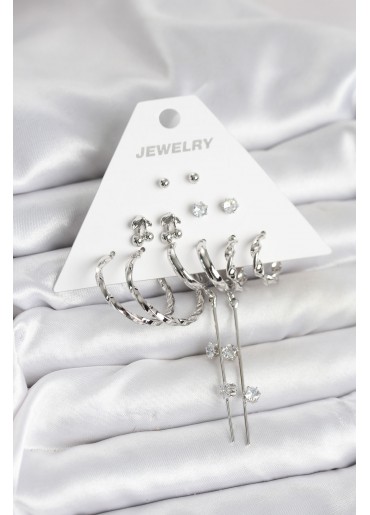 Erb Gümüş Renk Pirinç 6\'lı Kadın Küpe Seti