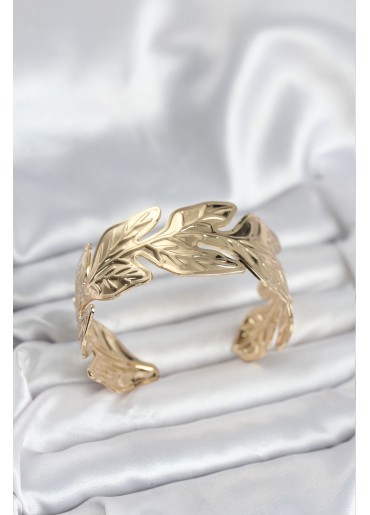 Erb Gold Renk Pirinç Levha Yaprak Model Kadın Bileklik