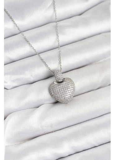 Erb 316L Çelik Zincir Gümüş Renk Zirkon Taşlı Kalpli Kadın Kolye