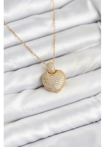Erb 316L Çelik Zincir Gold Renk Zirkon Taşlı Kalpli Kadın Kolye