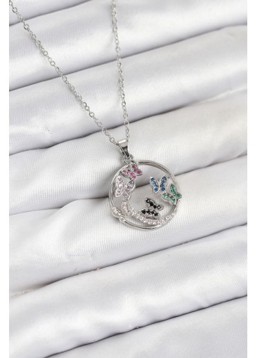 Erb 316L Çelik Zincir Gümüş Renk Zirkon Taşlı Kelebekli Kadın Kolye