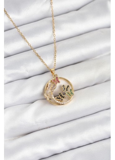 Erb 316L Çelik Zincir Gold Renk Zirkon Taşlı Kelebekli Kadın Kolye