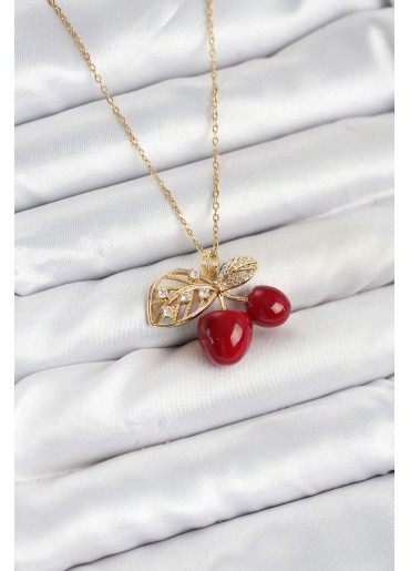 Erb 316L Çelik Zincir Yapraklı Kiraz Model Gold Renk Kadın Kolye