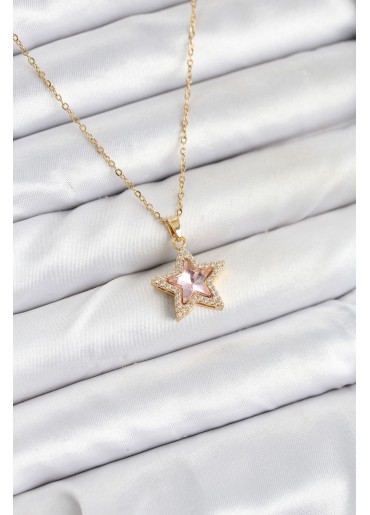 Erb 316L Çelik Zincir Pembe Taşlı Yıldız Model Kadın Kolye