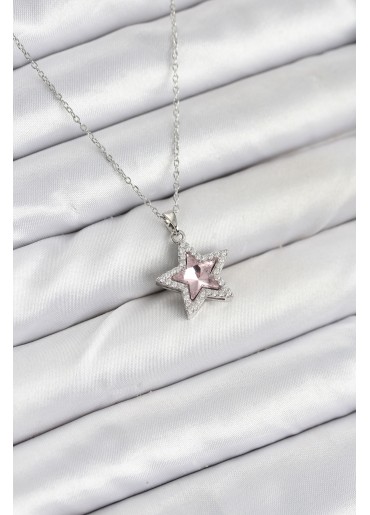 Erb 316L Çelik Zincir Gümüş Renk Pembe Taşlı Yıldız Model Kadın Kolye