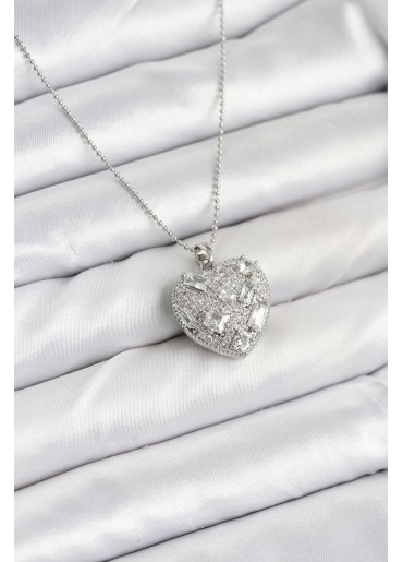Erb 316L Çelik Zincir Gümüş Zirkon Taşlı Kalpli Kadın Kolye
