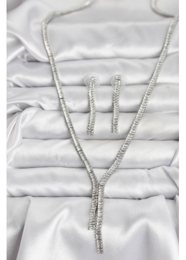 Erb Gümüş Renk Baget Zirkon Taşlı Kadın Kolye Küpe Set