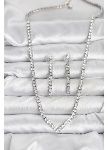 Erb Gümüş Renk Zirkon Taşlı Kadın Kolye Küpe Seti