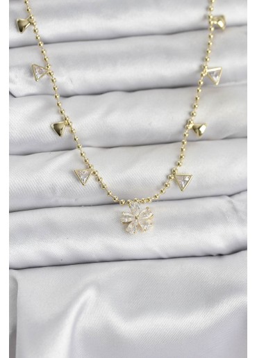 Erb Pirinç Gold Renk Zirkon Taşlı Çiçek Model Kadın Kolye