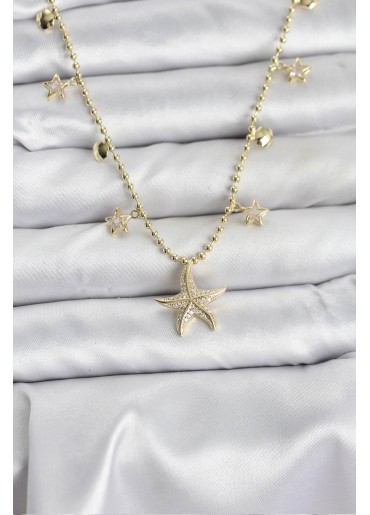 Erb Pirinç Gold Renk Zirkon Taşlı Deniz Yıldızı Model Kadın Kolye