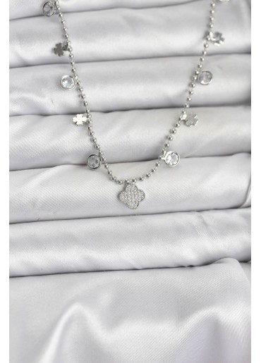 Erb Pirinç Gümüş Renk Yonca Model Kadın Kolye