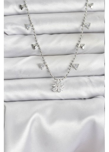 Erb Pirinç Gümüş Renk Zirkon Taşlı Çiçek Model Kadın Kolye