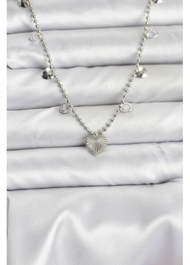 Erb Pirinç Gümüş Renk Kalp Model Kadın Kolye