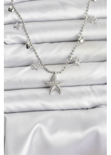 Erb Pirinç Gümüş Renk Zirkon Taşlı Deniz Yıldızı Model Kadın Kolye