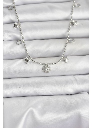 Erb Pirinç Gümüş Renk Zirkon Taşlı Deniz Kabuğu Model Kadın Kolye