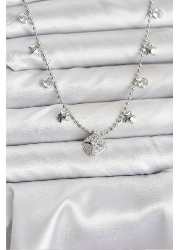 Erb Pirinç Gümüş Renk Zirkon Taşlı Kutup Yıldızı Model Kadın Kolye