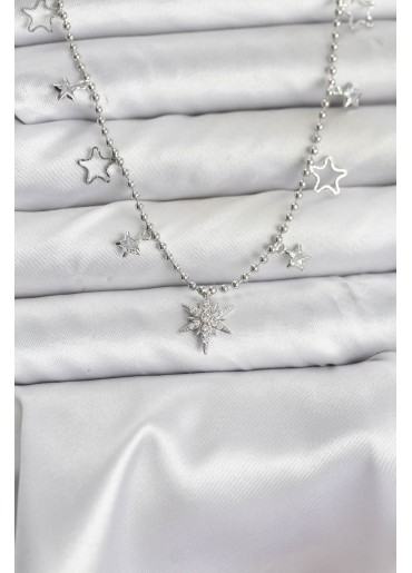 Erb Pirinç Gümüş Renk Zirkon Taşlı Kutup Yıldızı Model Kadın Kolye