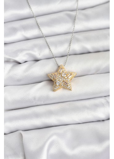 Erb 316L Çelik Zincir Gümüş Renk Zincirli Gold Yıldız Model Kadın Kolye