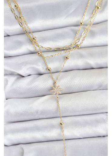 Erb Pirinç Gold Renk Kutup Yıldızı Detaylı 3\'lü Kombin Kadın Kolye