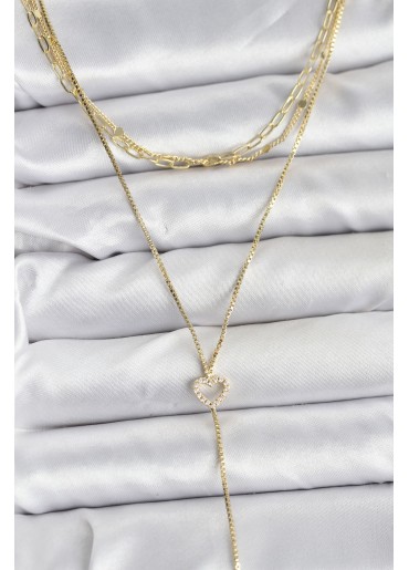 Erb Pirinç Gold Renk Kalp Detaylı 3\'lü Kombin Y Kadın Kolye