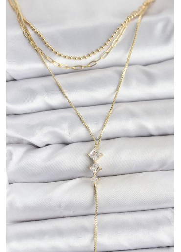 Erb Pirinç Gold Renk Zirkon Taş Detaylı 3\'lü Kombin Y Kadın Kolye