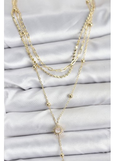 Erb Pirinç Gold Renk Güneş Model Detaylı 3\'lü Kombin Y Kadın Kolye