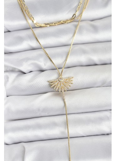 Erb Pirinç Gold Renk Zirkon Taşlı Yelpaze Model Detaylı 3\'lü Kombin Y Kadın Kolye