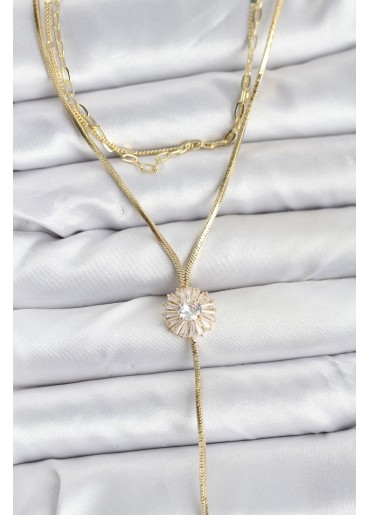 Erb Pirinç Gold Renk Zirkon Taşlı Papatya Model Detaylı 3\'lü Kombin Y Kadın Kolye