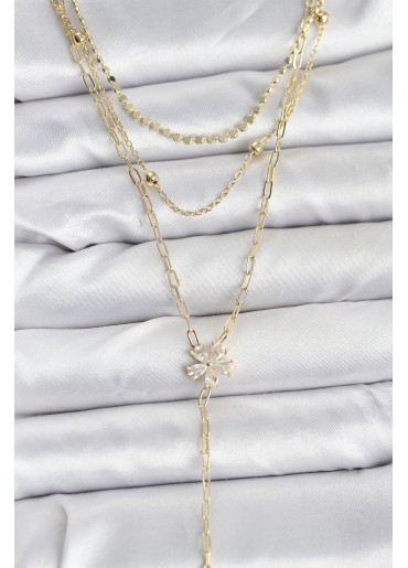 Erb Pirinç Gold Renk Zirkon Taşlı Çiçek Model Detaylı 3\'lü Kombin Y Kadın Kolye