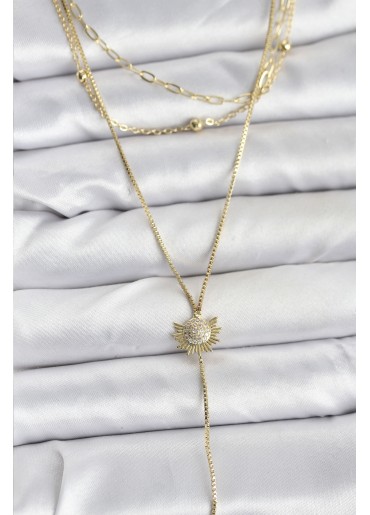 Erb Pirinç Gold Renk Zirkon Taşlı Güneş Model Detaylı 3\'lü Kombin Y Kadın Kolye