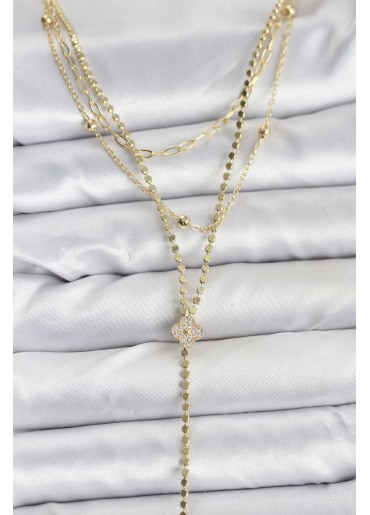 Erb Pirinç Gold Renk Zirkon Taşlı Yonca Model Detaylı 3\'lü Kombin Y Kadın Kolye