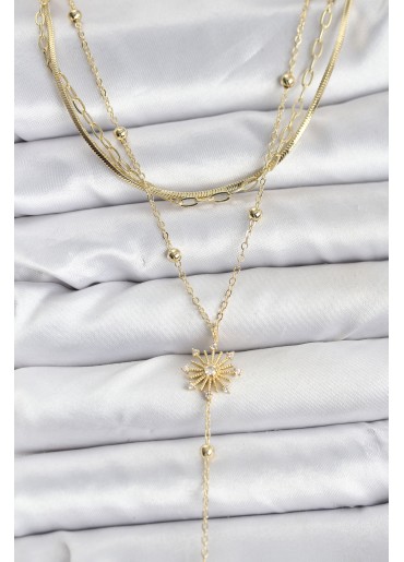 Erb Pirinç Gold Renk Zirkon Taşlı Model Detaylı 3\'lü Kombin Y Kadın Kolye