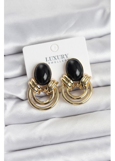 Erb Pirinç Gold Renk Siyah Taşlı Vintage Kadın Küpe