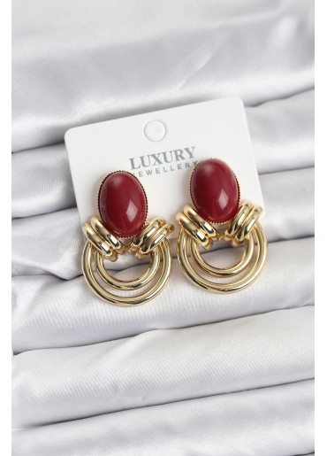 Erb Pirinç Gold Renk Bordo Taşlı Vintage Kadın Küpe